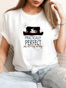 Camiseta con estampado del sombrero de  "PRÁCTICAMENTE PERFECTA en todos los sentidos", top vintage para fiesta, estilo retro de ensueño, camiseta de estilo urbano para el día a día, camiseta blanca de manga corta con cuello redondo para mujer, adecuada para primavera, verano y otoño, ajuste cómodo, diseño moderno, estilo vintage elegante y con estilo, versátil y duradera para uso diario, tela suave, estilo moderno 100% algodón. - Blanco - Ver 8