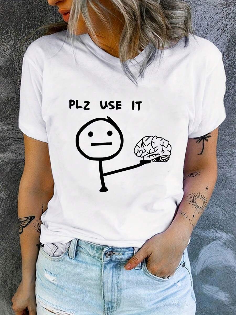 Elegant T-Shirt For Everyday Use: 1 Piece Of Plus Size Women's Short-Sleeved Round Neck T-Shirt, With An Artistic Print Under The Title "Minimalist With Intelligence", Comfortable And Pleasant To The Touch, Machine Washable, Suitable For Everyday Use, Available In Larger Sizes, Chic Fashion T-Shirt. - 白色 - 查看 1