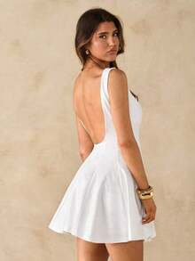 Vestido minimalista de una línea y escote en forma de U sin mangas, de color negro, vestido sexy para citas, vestido de dama de honor, elegante vestido negro pequeño, para primavera/verano - Blanco - Ver 2