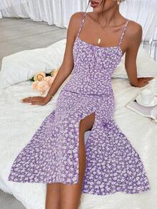 Vestido largo con estampado floral diminuto y abertura lateral para mujer - Morado - Ver 4