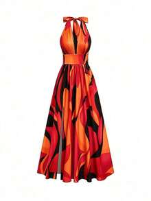 Nuevo vestido maxi elegante, casual y sexy de diseño de alta gama con cuello en V, halter, cintura expuesta, espalda descubierta y corte evasé sin mangas, con estampado floral rojo y verde, vestido de lujo de alta gama para mujer - Rojo - Ver 7