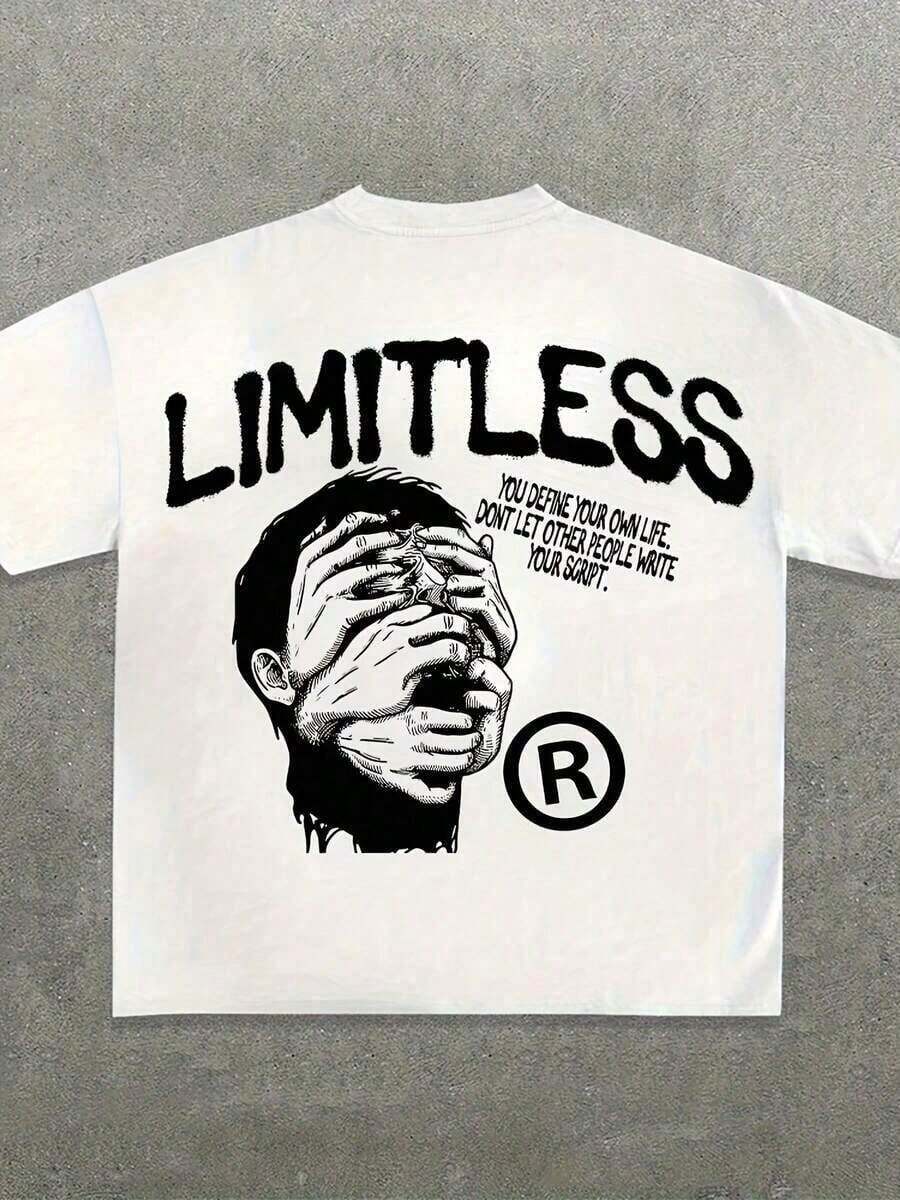 Cute Premium Unisex Casual T-Shirts - LIMITLESS Men's White Cotton T-Shirt - Unique Y2K Style Streetwear With An Inspirational Self-Defense Statement, Bold Graphic Design, And Inspirational Quote - Perfect For Individual Expression And The Pursuit Of Personal Courage - 白色 - 查看 1