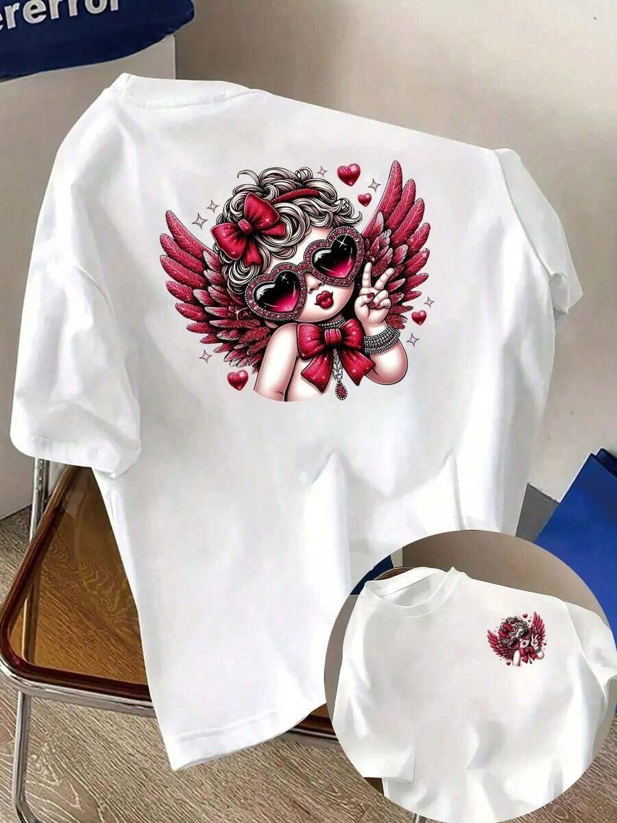 Camisetas de talla grande para mujer, camisetas casuales de manga corta, camisetas de manga corta con estampado en la parte delantera y trasera - Angel Girl, estampado de alas de corazón - Camisetas estampadas de primavera y verano para mujer, artículo de moda, transpirable y cómoda. - Blanco - Ver 1