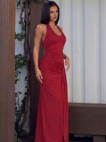 Vestido verano unicolor halter con cordón espalda descubierta abertura lateral corte ajustado elegante y sensual estilo europeo para mujer - Rojo - Ver 2