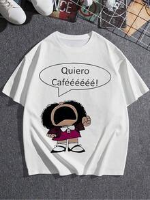 Minimalist Women's Casual White T-Shirt With A Fun Cartoon Print, Comfortable Crew Neck T-Shirt For Coffee Lovers, Unique Graphic Design, Perfect For Everyday Wear, Soft And Breathable Fabric. Simple Solid Color Women's T-Shirt, Loose And Fitted Cut, Casual Short Sleeve - 白色的 - 查看 4