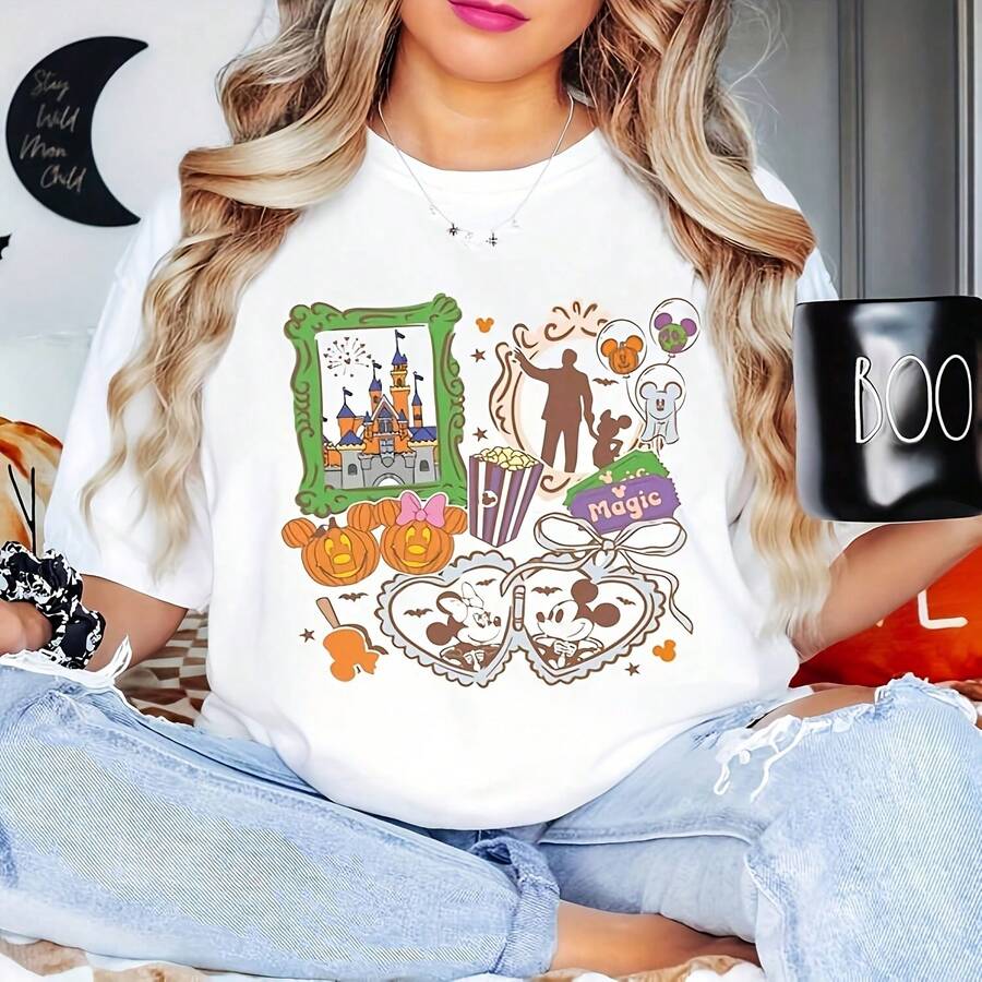 Chemise Halloween Mir Et, Chemise Halloween, Chemise Citrouille, Chemise Magic Kingdom, Fête D'Halloween Du Château De Land - 白色 - 查看 1