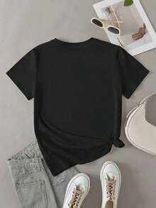 Camiseta de cuello redondo de color liso con detalles de lazo de pedrería de estilo minimalista - Negro - Ver 2