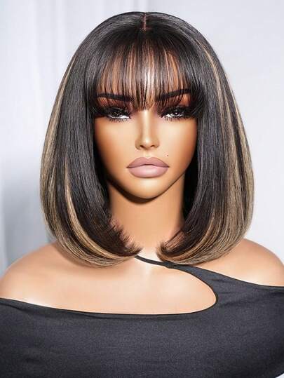 ARABELLA Tóc giả ren trong suốt 6x6, tóc thật, có mái, kiểu tóc bob ngắn Brazil, nhuộm Balayage, thẳng mượt, 100% tóc thật, mật độ 150%, dài 10-14 inch, rẽ ngôi sâu 6 inch, đã tẩy trắng trước với các nút thắt vô hình, thân thiện với người mới bắt đầu, dễ sử dụng và sẵn sàng đội.