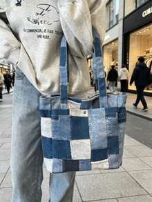 Túi xách nữ kiểu dáng thường ngày, chất liệu vải canvas in họa tiết denim, túi đeo vai nhiều ngăn, thích hợp cho du lịch ngoài trời. - Màu xanh lam - Xem 2
