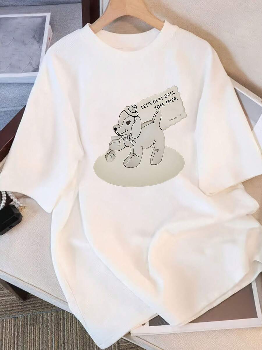 Women's Summer Cotton T-Shirt, Casual, Short Sleeve, Gray And White With Puppy Print, Round Neck, Pullover Style - 白色 - 查看 1