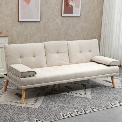 3-Seater Sofa Bed With Folding Table, Linen-Look Fabric Sofa, Scandinavian Design, Load Capacity Up To 250 Kg, For Living Room. - 米色 - 查看 2