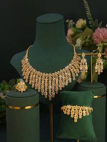 5pcs 18K Gold Plated Luxury Royal Style Large Geometric Tassel Design Bridal Wedding Set, Handmade Inlaid White Cubic Zirconia, Includes Necklace, Bracelet, Earrings, Ring, Suitable For Daily Wear And Wedding, Wedding Anniversary Gift (Gift Box Packaging) - Geometric Shape Set - View 10