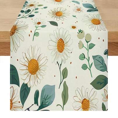 1pc Pastoral Daisy & Green Leaf Pattern, Beige & Green Color Blocking, Fresh Natural Style, Large Rectangular Table Runner, Home Decor, Suitable For Family Gatherings, Indoor/Outdoor Decoration, Entryway, Coffee Table, Living Room Ambiance, Kitchen Dining, Holiday Natural Gift