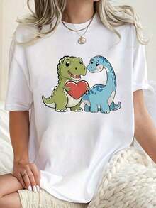 1 pieza de camiseta casual para mujer con cuello redondo y estampado de dinosaurios (2) > Hermosa. - Blanco - Ver 7