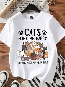 ropa de mujer Camiseta "Cats Make Me Happy" con estampado de gato blanco y texto gráfico para uso casual y amantes de las mascotas, camisas de mujer - Blanco - Ver 3