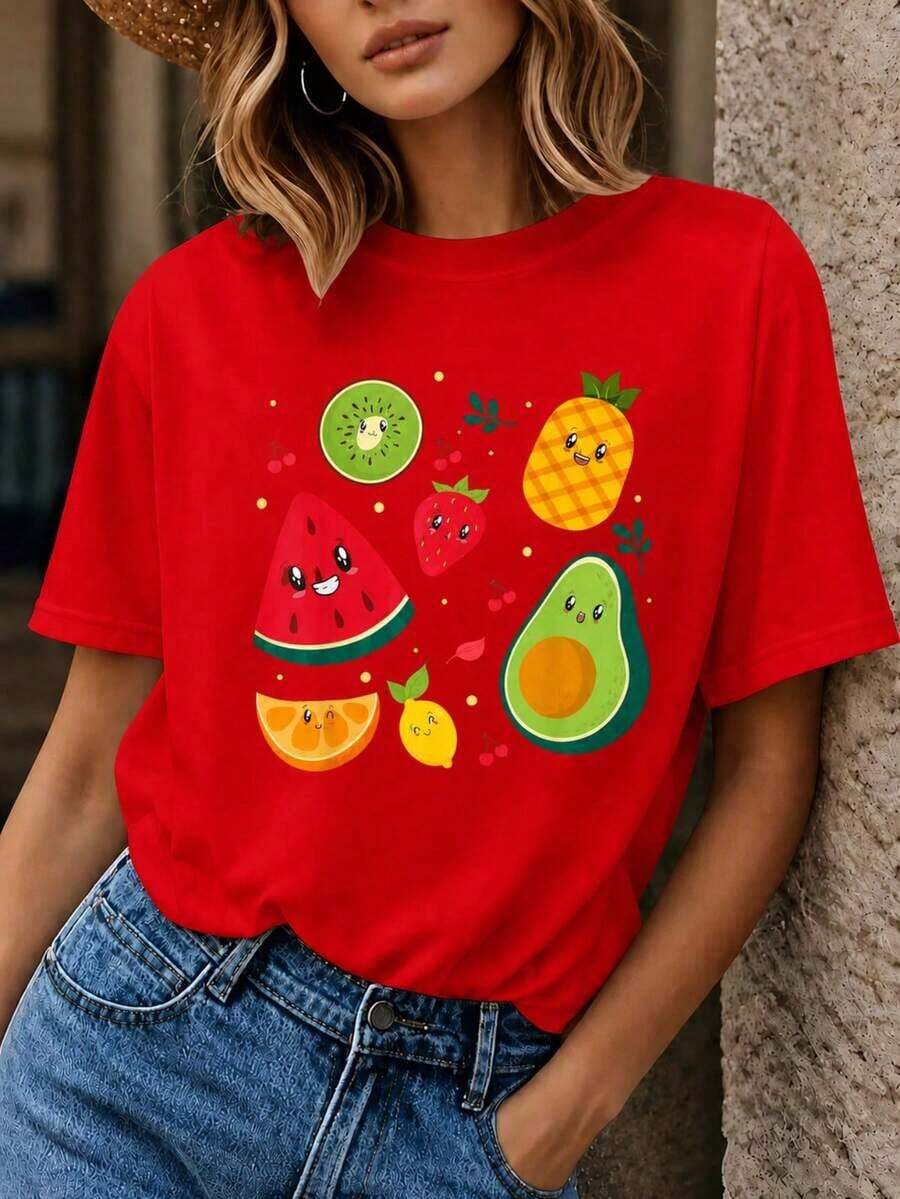 Women's Summer T-Shirt With Fruit Print - Graphic Tee With Watermelon, Strawberry, Avocado, And Kiwi, Loose Fit, Short Sleeve, Casual Crew Neck, Machine Washable, Comfortable Blouse For Everyday Wear In Spring/Summer (Medium Stretch). Suitable As A Gift. Women's T-Shirt. Blouses > Elegant. Boho Chic - Vintage Street Style Unisexoose Short Sleeve Cotton Crew Neck T-Shirt - 紅色的 - 查看 1