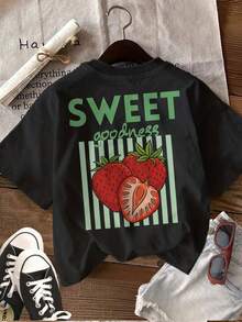 Women's Short-Sleeved Crew Neck T-Shirt With Strawberry And Stripe Graphic Print, Cool And Casual Summer Style, LIN-Vintage Street Style, Unisex Loose Cotton Crew Neck Short-Sleeved T-Shirt, Blouses For Women. Casual Blouses For Ladies. - 黑色 - 查看 5