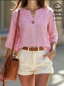 Camisa de algodón casual de mujer con cuello en V y mangas 3/4 a rayas - Rojo - Ver 4