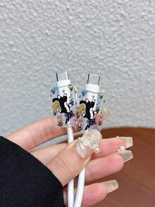 3件套波浪形充电线保护套，UV喷漆黑猫采蘑菇图案，适用于20W英标苹果快充，防止线缆损坏 - 彩色 - 查看 4