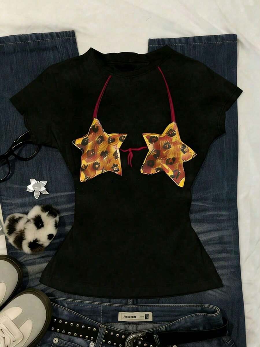 Camiseta Personalizada de Manga Corta con Cuello Redondo y Estampado de Lema para Mujer - Estilo Vintage Urbano, Holgada, de Algodón - Negro - Ver 1