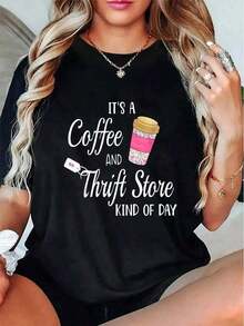 Camiseta de mujer 100% algodón con estampado "It's a Coffee and Thrift Store Kind of Day", diseño casual y relatable, ajuste ideal, cómoda y elegante, calidad premium a precio increíble, tra - Negro - Ver 7