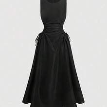 MOD Plus Size Solid Color Round Neck Sleeveless Back Zipper Ruched Casual Dress,Graduation Dress,Birthday Dresses For Women - Verde militar - Ver 2