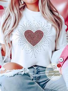 Breathable White T-Shirt For Women With Radiant Red Rhinestone Heart Graphic, Aesthetic Short Sleeve Love Sparkle Tee, Modern Romantic Top, Fashionable Casual Blouse For Valentine's Day, Warm Clothing For Women - 白色的 - 查看 6