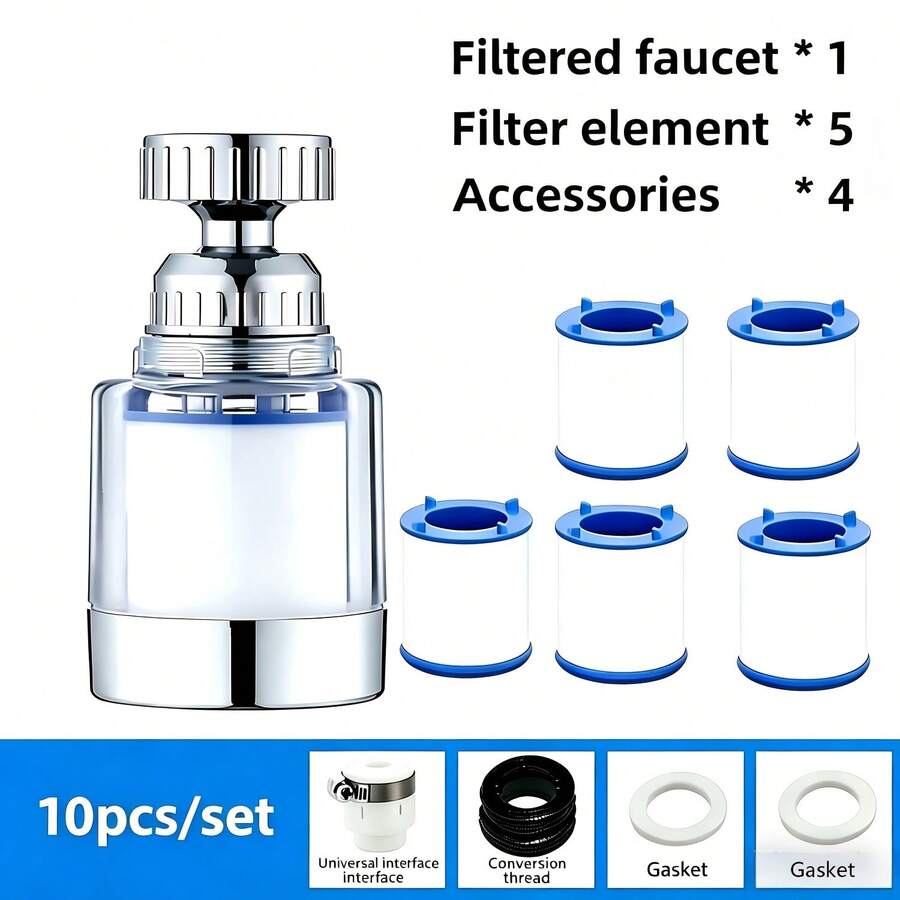 10pcs Faucet Filter Kits, Including 1 Filtered Faucet, 5 Filter Cartridges, And 4 Accessories; Equipped With A Splash-Proof Universal Faucet Adapter, This System Is Specifically Designed For Household Water Filtration And Features Replaceable Filter Cartridges Compatible With A Wide Range Of Faucet Types. - View 1