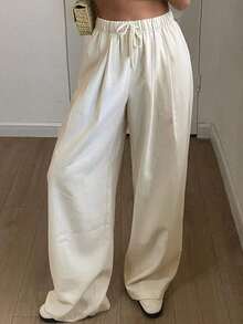 Pantalones rectos sueltos de unicolor con cintura elástica y cordón, informales de lino para el verano - Gris - Ver 10