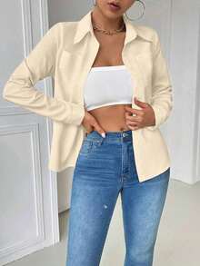 Blusa blanca casual con cuello y bolsillo, de manga larga ajustada para mujeres - Albaricoque - Ver 5
