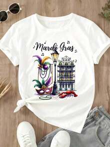 Camiseta Gras Party con diseño de escena callejera de Nueva Orleans, máscara, cuentas y cangrejo de río, top casual para mujer. - Blanco - Ver 3