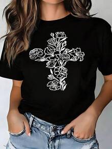 Retro GraphicS-5XL Stylish Casual Round-Neck T-Shirt For Women, Featuring Floral Cross Printed Designs For Spring And Summer,Camisetas populares de  para uso diario,Ropa de verano, ropa para niños y niñas,camisetas de apoyo para el Mundial,Camisetas del Mundial 2026,Camisetas estampadas,Camisetas estampadas, - Negro - Ver 6