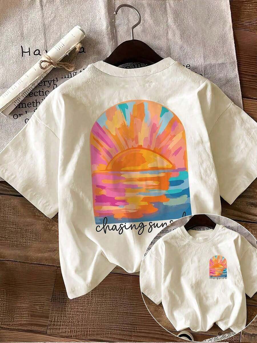 Gift Pattern Double-Sided Print [Double-Sided Printing] New Women's Casual Spring/Summer T-Shirt With Sea Breeze And Sunset Design, Short-Sleeved Crew Neck T-Shirt - Unisex Urban Vintage Style Loose-Fitting Cotton T-Shirt With Crew Neck And Short Sleeves. Soft - 杏 - 查看 1