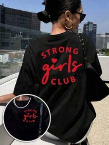 GiftCamiseta de manga corta con estampado a doble cara, Powerful Girls Club, camiseta casual moderna para mujer Strong Girls, top casual de manga corta con cuello redondo, adecuada para verano y primavera, ropa de mujer - Camiseta de manga corta con cuello redondo, estilo vintage urbano, unisex, holgada, de algodón. Suave - Negro - Ver 1
