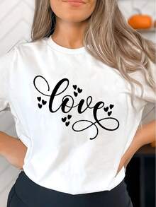 Camiseta deportiva casual para mujer con diseño de texto amor en cursiva negra - Camiseta blanca elástica de cuello redondo, lavable aáquina, de ajuste cómodo para todas las estaciones. Prenda de ocio con estilo moderno y tejido opaco. - Blanco - Ver 1