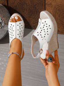 1 Pair Women's Summer Platform Wedge Sandals, Fashionable Hollow-Out Breathable Casual Strap Open Toe Shoes - White - View 6