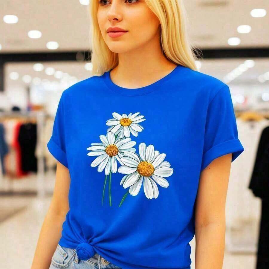 Camiseta de algodón con estampado de margaritas para mujer, manga corta, cuello redondo, estilo casual, suave y transpirable, corte holgado para uso diario, tallas S-5XL disponibles, camiseta negra con estampado floral para verano, blusa casual cómoda y a la moda - Camiseta unisex de algodón, manga corta, cuello redondo, manga larga, ideal para primavera, tops casuales, camiseta básica, unisex, para parejas, hombres y mujeres. - Azul - Ver 1
