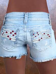 Shorts vaqueros casuales y desgastados para mujer con un patrón único de bandera americana y dobladillo deshilachado, diseño corto de estilo bohemio sexy para el verano - Lavado ligero - Ver 2
