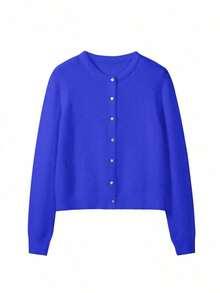 Cárdigan de punto con cuello redondo y diseño retorcido para mujer, chaqueta de suéter de color gris claro sólido y casual, blusa de primavera - Azul - Ver 5