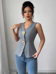 Blusa exterior con cuello en V ajustada con decoración de botones dorados con rosas - Gris - Ver 8