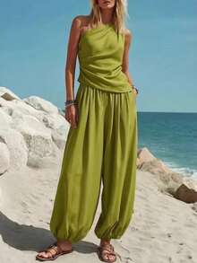 New Women's Summer 2-Piece Set, Minimalist Casual Style, Solid Color, Sleeveless Top, High-Waisted Loose Pants, Flattering, Perfect For Daytime Looks, Walks And Casual Occasions - 綠色 - 查看 4