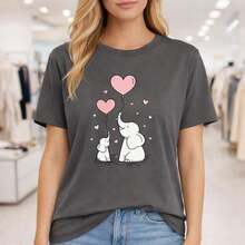 Plus Size Women's Cotton T-Shirt, M-5XL, Black, With Adorable Elephant And Baby Heart Balloon Print, Casual Loose Fit, Short Sleeve, Crew Neck, Soft And Comfortable Fabric, Ideal For Everyday Wear, Mother's Day Gift Idea, Graphic T-Shirt For Curvy Women - 深灰色 - 查看 12