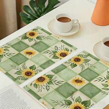 A Complete Set Of Daily Sunflower, Green Leaf, And Green Checkered Patterned Placemats, Suitable For Spring, Summer, Autumn, And Winter. It Adopts A Multi-Color Pattern Design And Is Woven From 100% Polyester Fiber. The Size Is 12 * 18 Inches And Can Be Machine Washed With Polyester Placemats. Heat Resistant, Stain Resistant, Waterproof, Easy To Clean, Suitable For Dining Tables, Holiday Party Decorations, Desktop Protection, Kitchen And Living Room Decorations, And Daily Use. - Multicolor - View 7