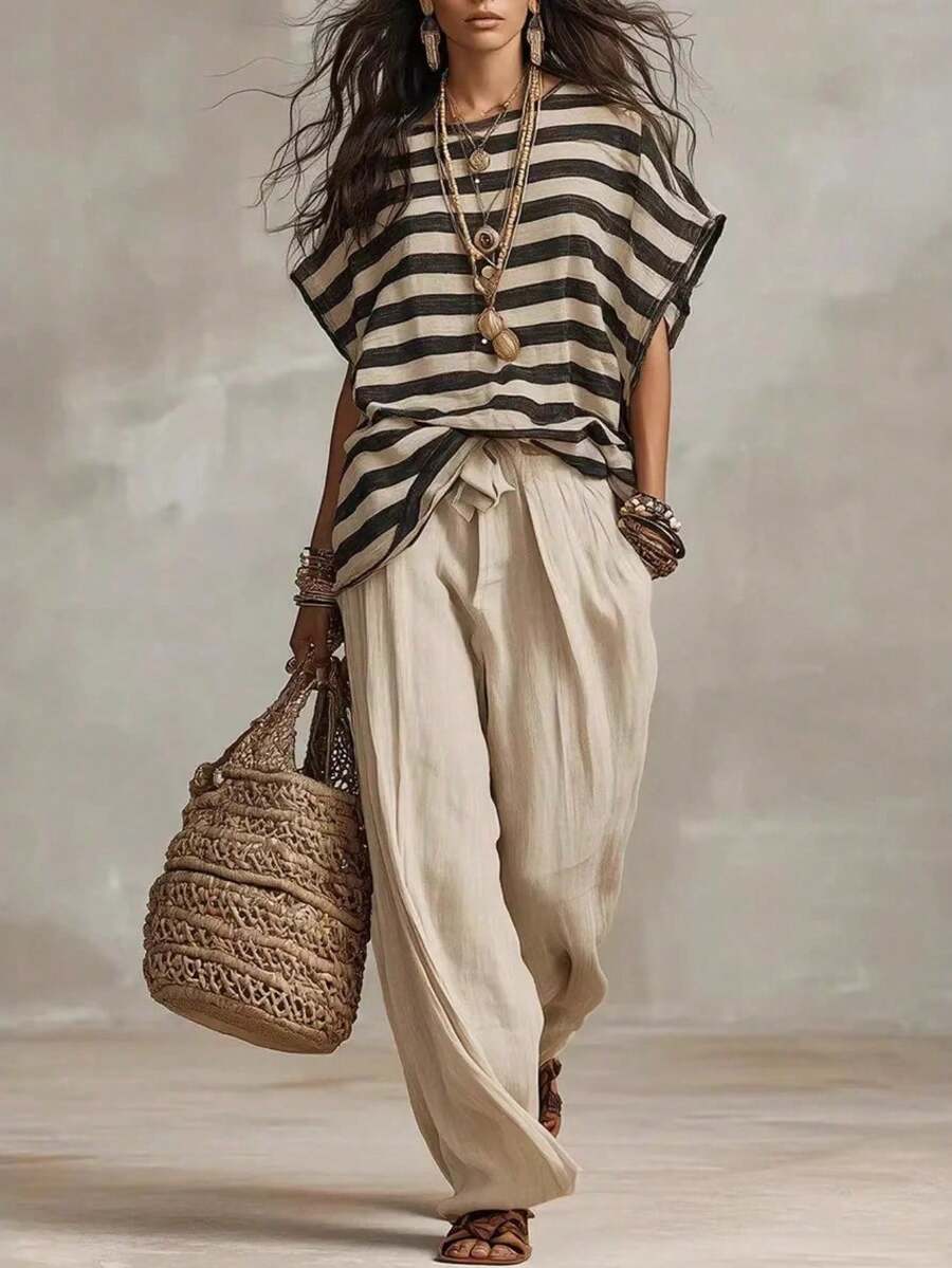 Conjunto casual de manga corta holgada con cuello redondo y estampado a rayas, moda femenina primavera-verano 2026 - Caqui - Ver 1