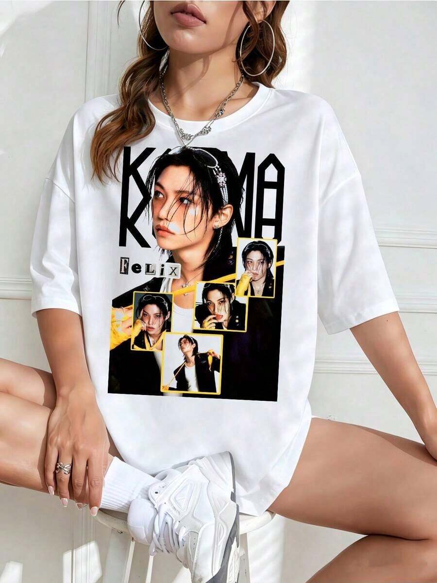 Camiseta Unisex con Estampado de Idol K-Pop, Cuello Redondo, Manga Corta, Diseño Oversized, Ideal para Fans - Blanco - Ver 1