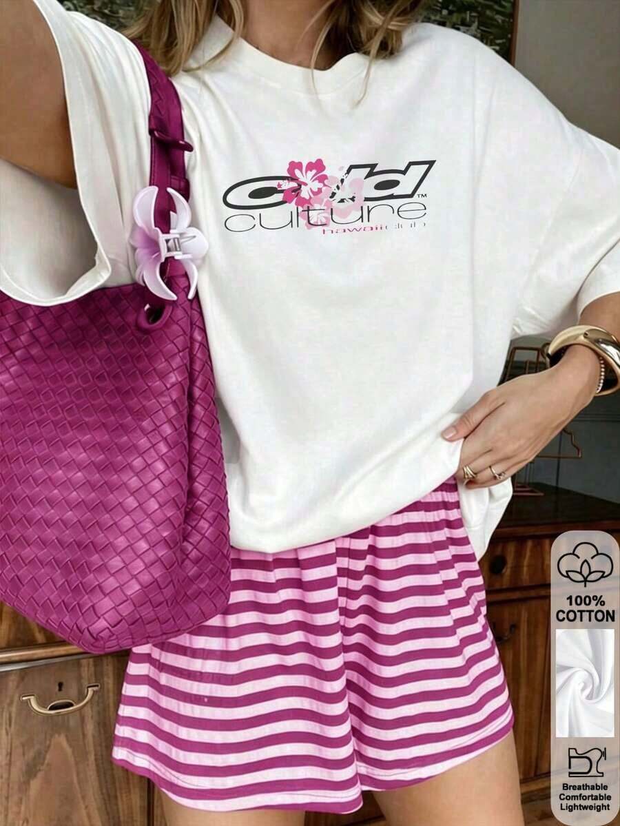 Camiseta para Mujer con Estampado de Comida, Cuello Redondo, Manga Corta, Diseño Oversized, Ideal para Streetwear - Blanco - Ver 1