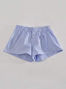 Women's Summer Vacation Essential Blue & White Striped Drawstring Waist Casual Shorts, Comfortable Daily Wear - Blue - View 7