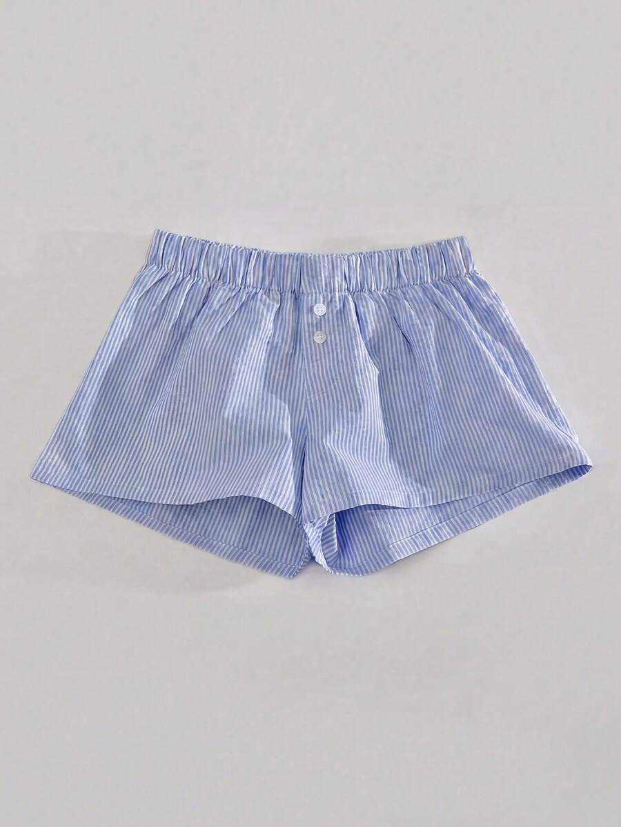 女士夏季度假必备蓝白条纹抽绳腰休闲短裤，舒适日常穿着 - 藍色 - 查看 1