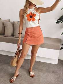 vaquera informal de línea A con abertura y volantes de unicolor para mujer, verano - Naranja - Ver 5