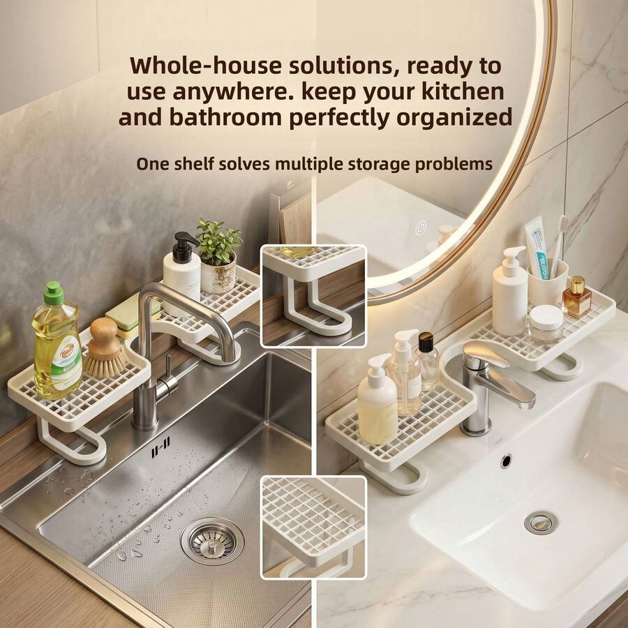1pc Vertical Faucet Shelf, Home Bathroom Vanity Organizer Rack, No Drill Makeup Storage Holder - Multicolor - View 1